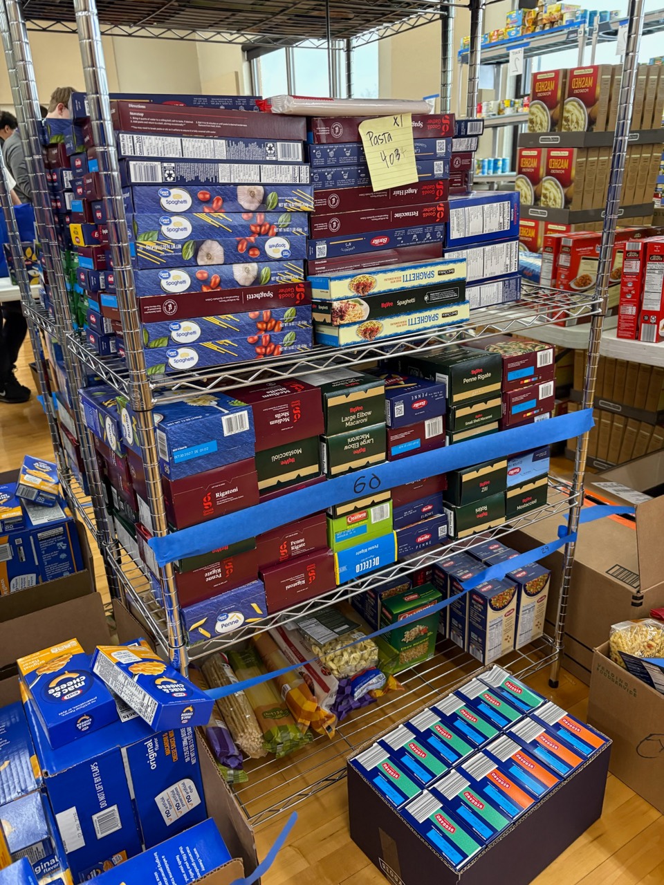 Groceries organized and ready to be packed for families